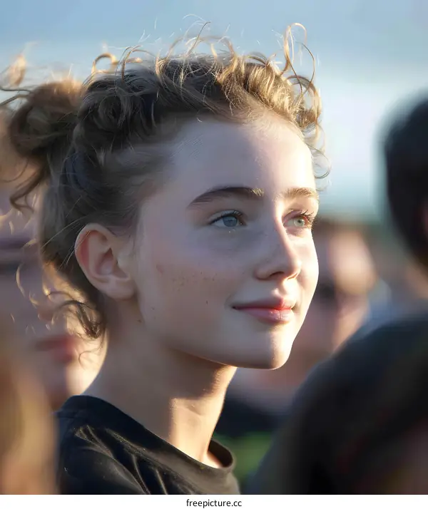 Young Woman with Freckles and Curly Hair Looking Up