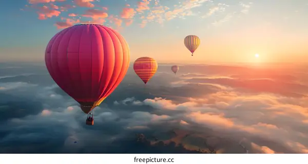 Hot Air Balloons Flying Over Clouds at Sunrise
