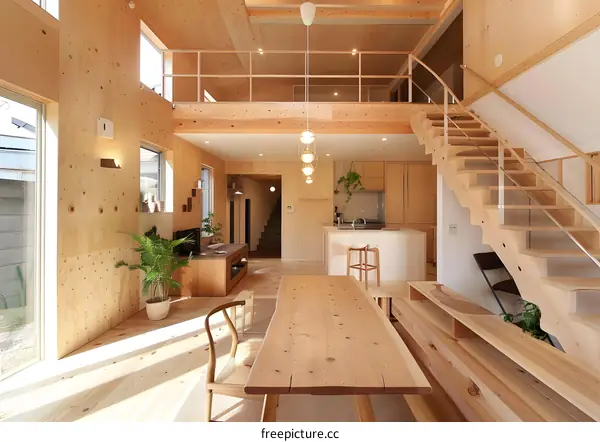 Modern Minimalist Interior Design with Wooden Walls and Staircase