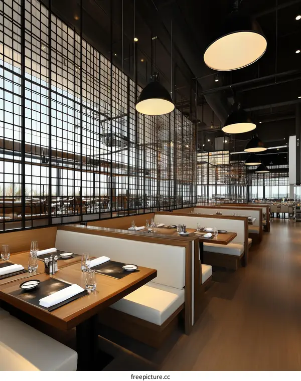 Modern Restaurant Interior Design with Wooden Tables and Seating