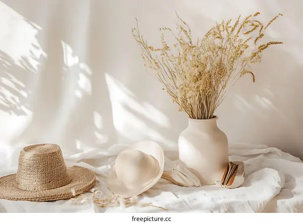 Dried Flowers in a Vase with Hats and Natural Light