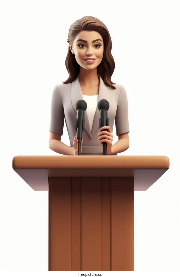 3D illustration of a woman giving a speech at a podium