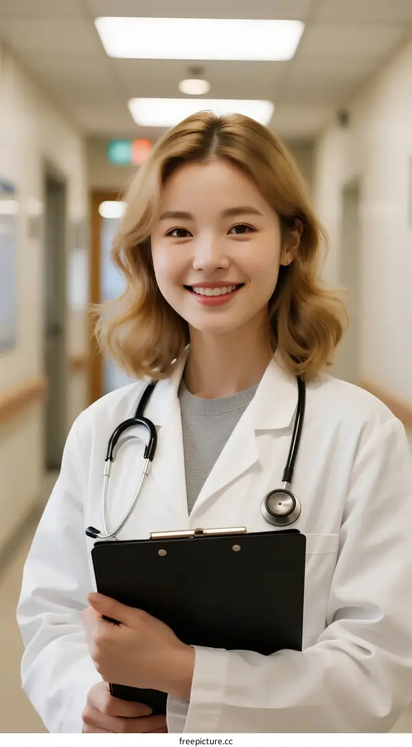Young Female Doctor Wearing White Coat Holding Clipboard in Hospital Corridor
