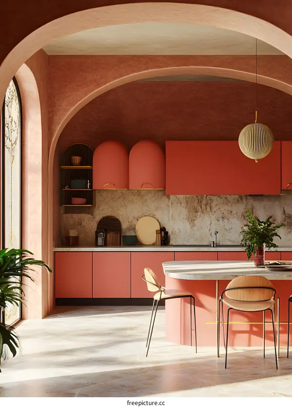 Modern Kitchen Design with Arched Windows and Pink Cabinets