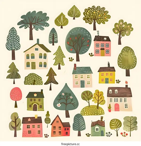 Cute Illustration Of Houses And Trees In Circle