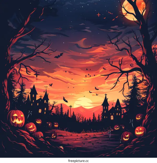 Halloween Night with Haunted House and Pumpkins