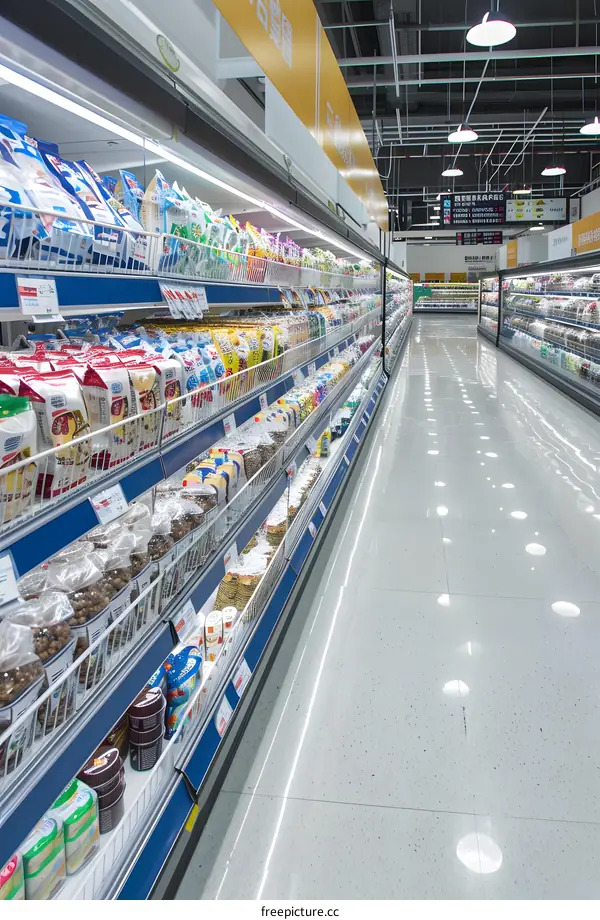 Supermarket aisle with shelves full of food