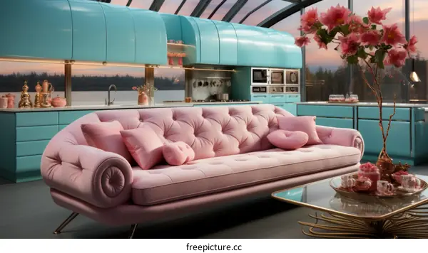 Retro futuristic pink and blue kitchen with large windows