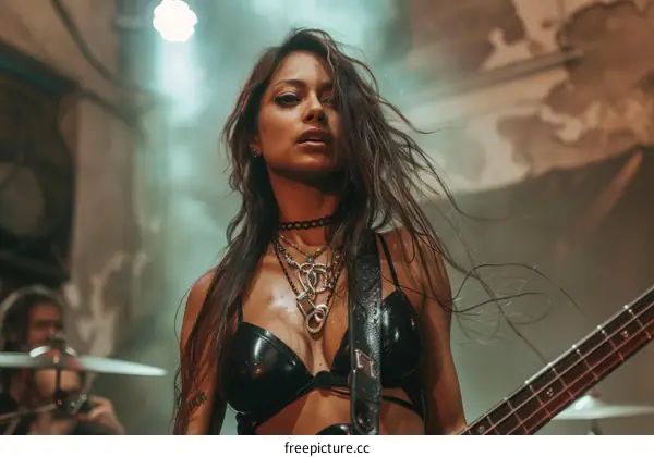 Portrait of a female musician playing bass guitar on stage