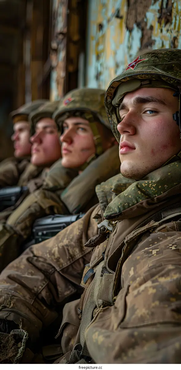 Four Russian Soldiers in Military Uniform and Helmets
