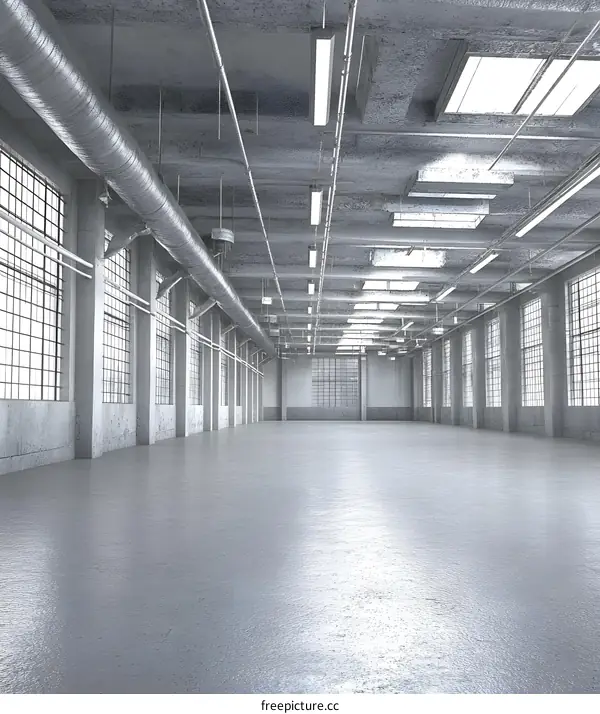 Empty Industrial Building With Large Windows And Exposed Pipes