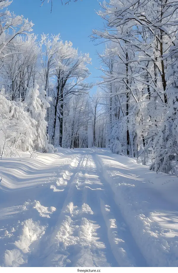 Snowy path through a winter forest