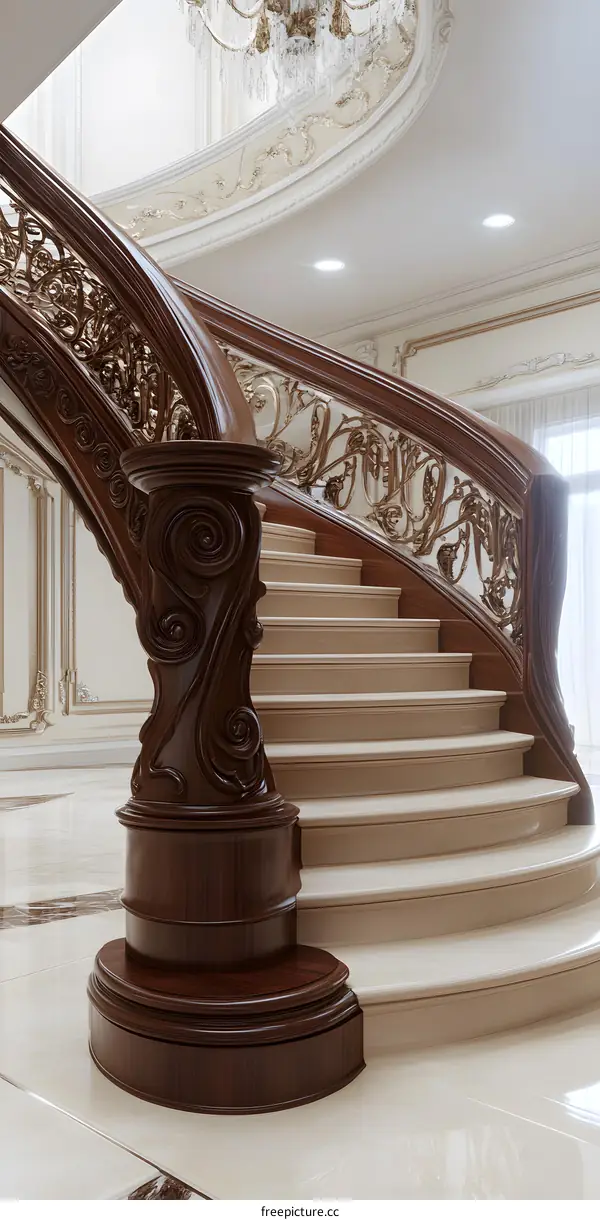 Curved Wooden Staircase With Ornate Handrail