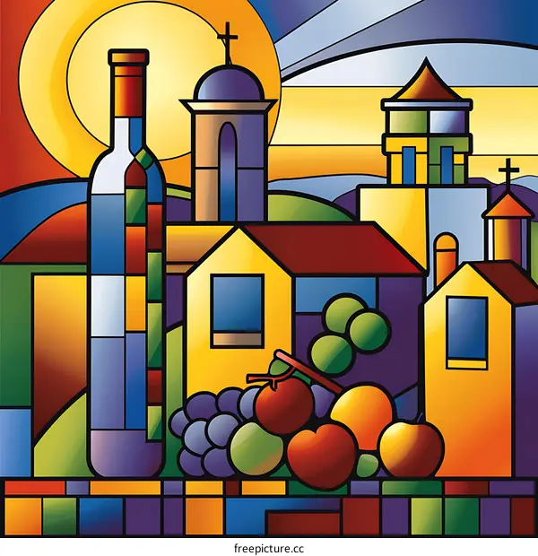 Stained Glass Style Illustration Of A Countryside Town