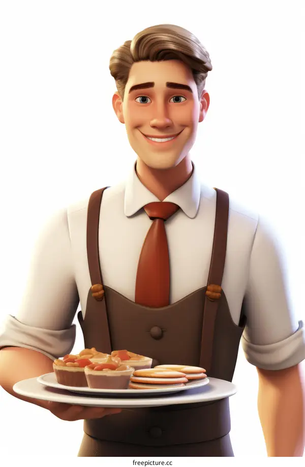Confident waiter holding plate with food