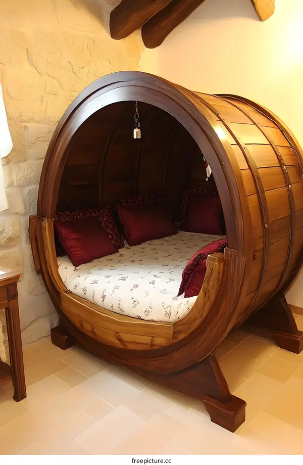Wooden Barrel Shaped Bed With Pillows and Bedding