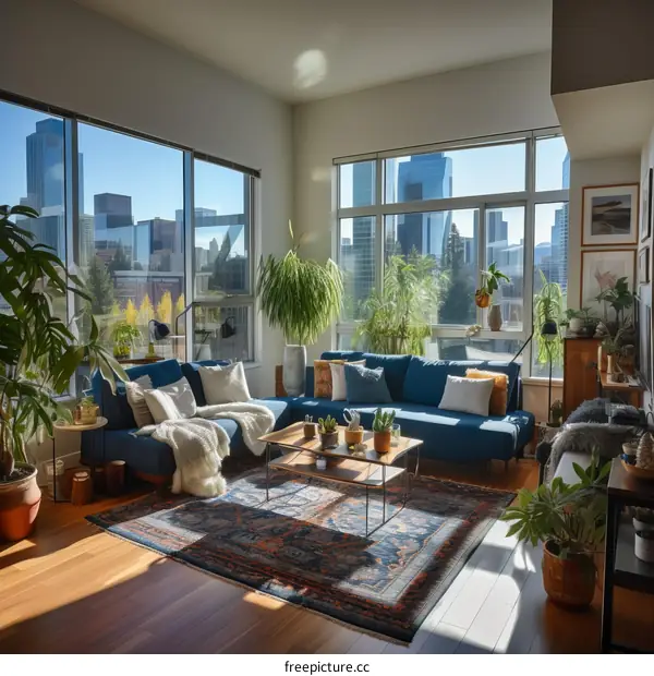 A bright and airy living room with a large windows and a city view