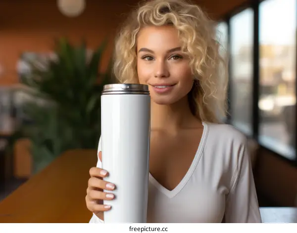 An attractive young blonde woman with curly hair is holding a white travel mug and smiling at the camera.
