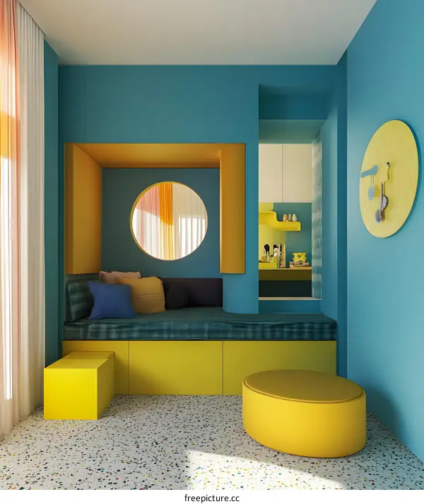 Modern Yellow and Teal Living Room Interior Design with Circular Window