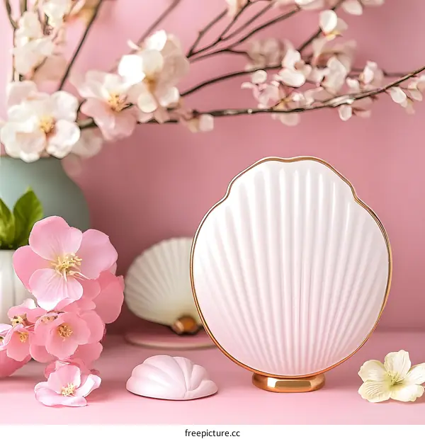 Pink Ceramic Seashells With Pink Flowers On Pink Background