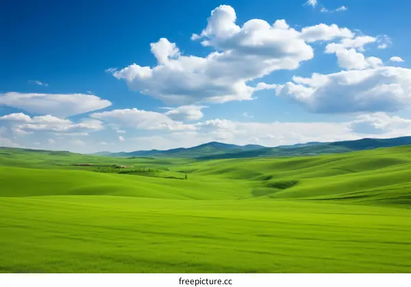Green rolling hills under blue sky and white clouds