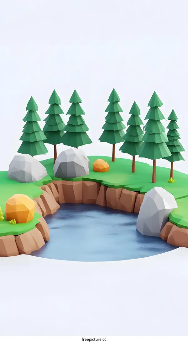 Low Poly 3D Illustration of a Forest Scene with a Lake