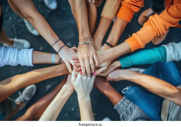 Multiracial group of people joining hands together