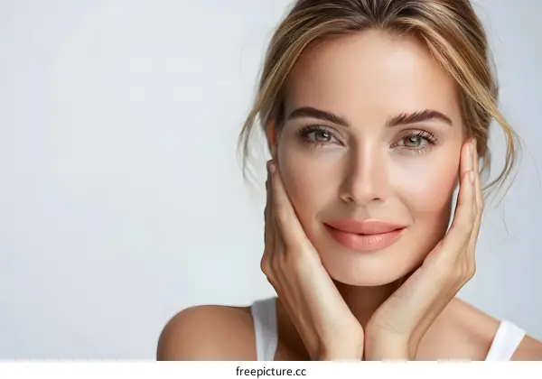 portrait of a beautiful blonde woman with perfect skin and natural makeup touching her face and smiling at the camera