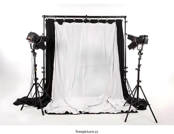 Photography Studio Setup with White Backdrop and Lighting Equipment