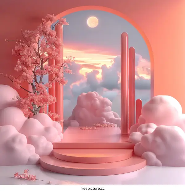 Pink Aesthetic Cloud Scene with Cherry Blossom Tree