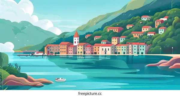 Colorful Coastal Town Illustration