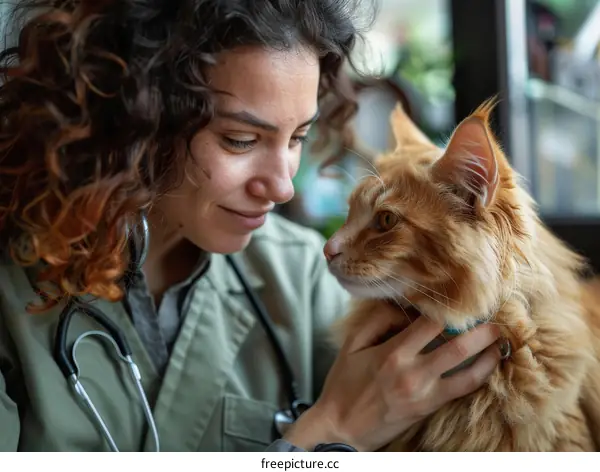 Close-up of a female veterinarian examining a ginger cat