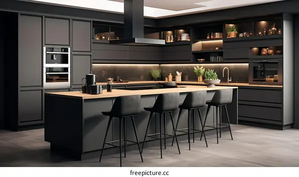 Black kitchen with island and bar stools