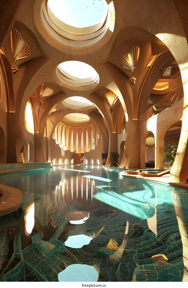 Indoor Swimming Pool With Arched Ceiling and Skylights