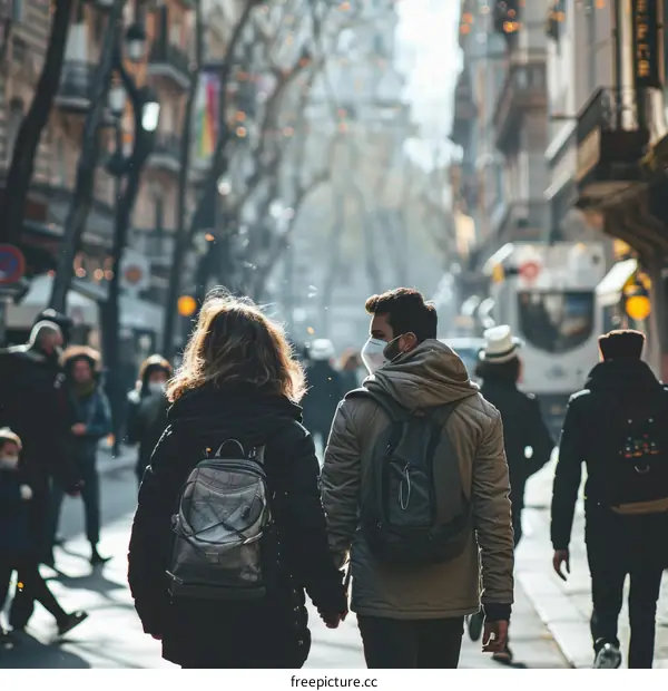 A couple is walking down a busy street in Barcelona, Spain.