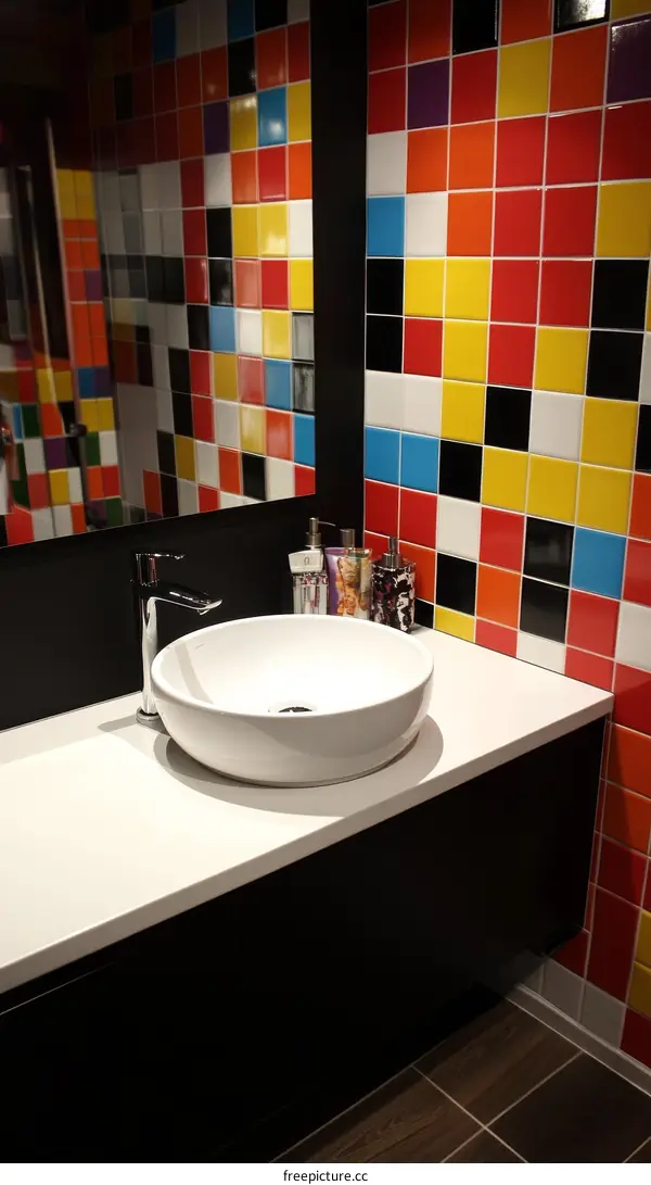 Colorful Bathroom Vanity with Geometric Tiles