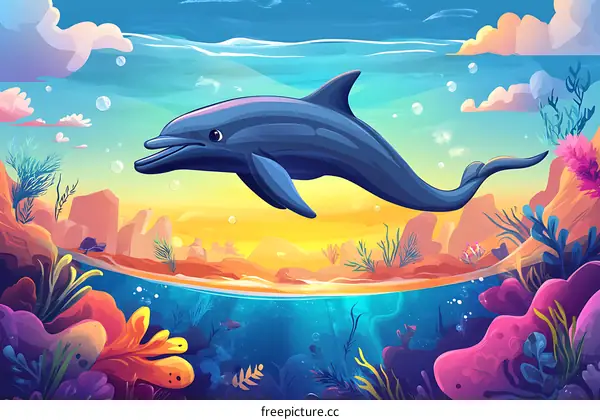 Colorful Dolphin Underwater Illustration