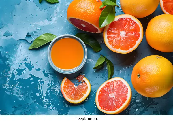 Fresh Grapefruit Juice with Sliced Fruit on Blue Background