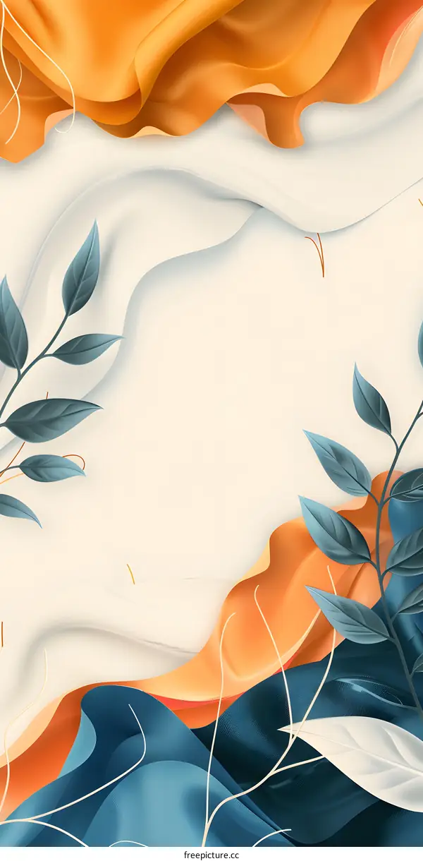 Abstract Background with Blue and Orange Wavy Lines and Leaves