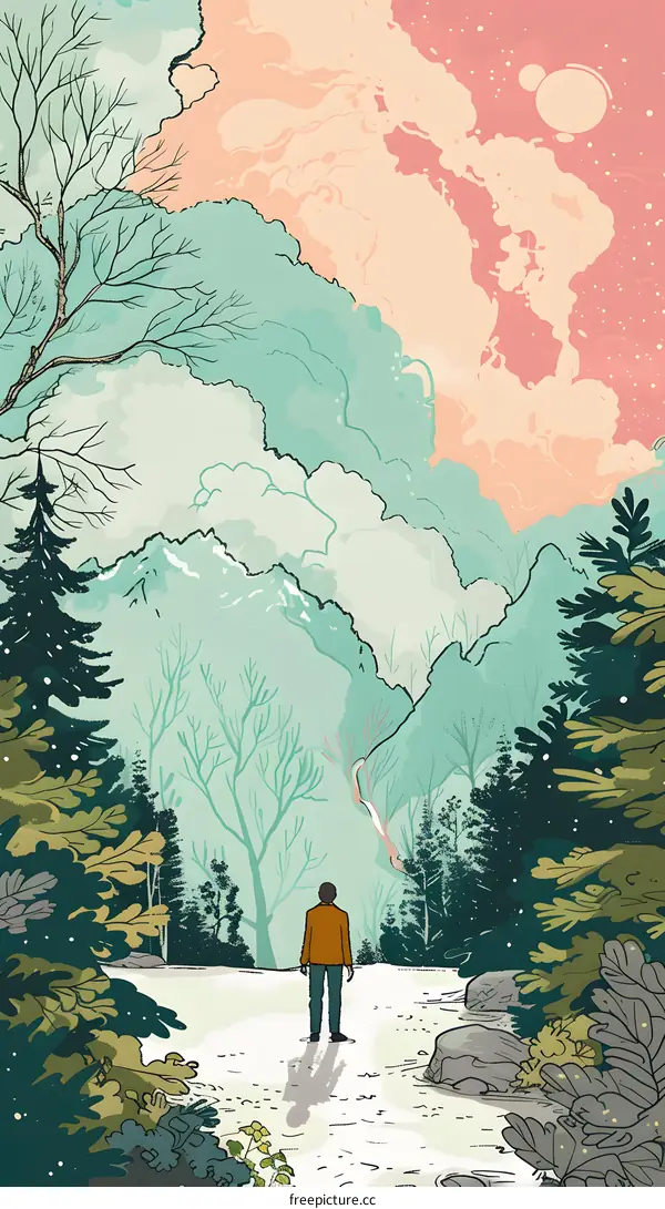 Man Standing in a Snowy Forest With a Pink and Blue Sky