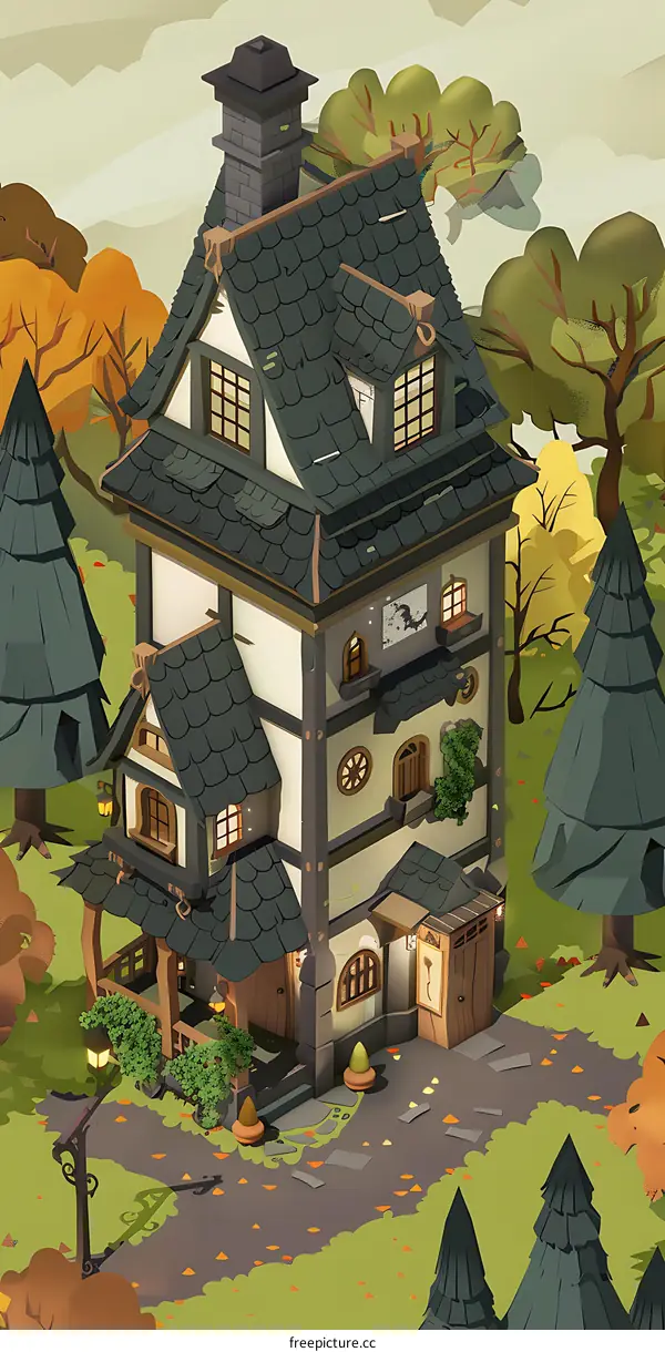 Cartoon Illustration of a Cozy Autumn Cottage