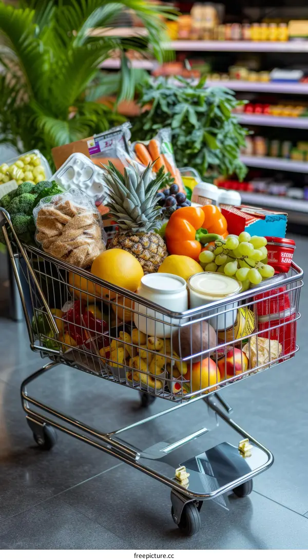 Full shopping cart with fresh fruits and vegetables