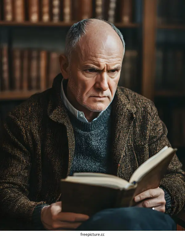 Serious Senior Man Reading a Book in a Library