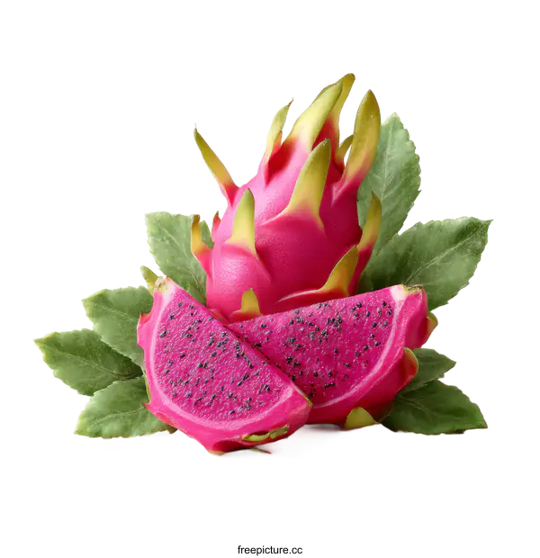 [Transparent Background PNG]Fresh Pink Dragon Fruit with Slices and Leaves
