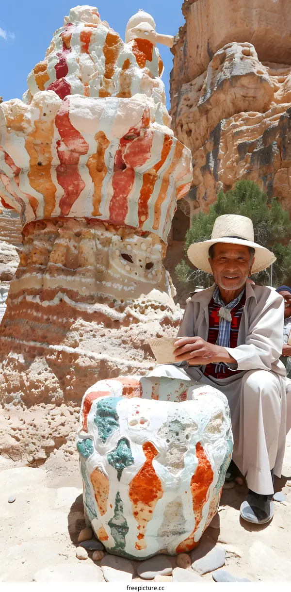 Man in Straw Hat Sitting Near Colorful Rock Formation