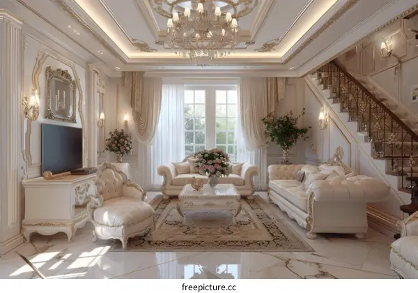 Lavish Living Room with Marble Floor and Crystal Chandelier