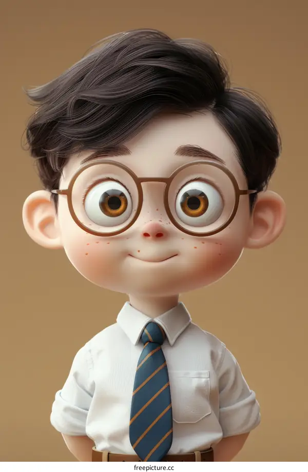 3D illustration of a young boy wearing glasses and a tie