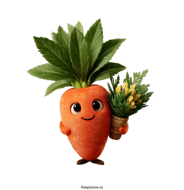 [Transparent Background PNG]Cute Cartoon Carrot with a Bouquet