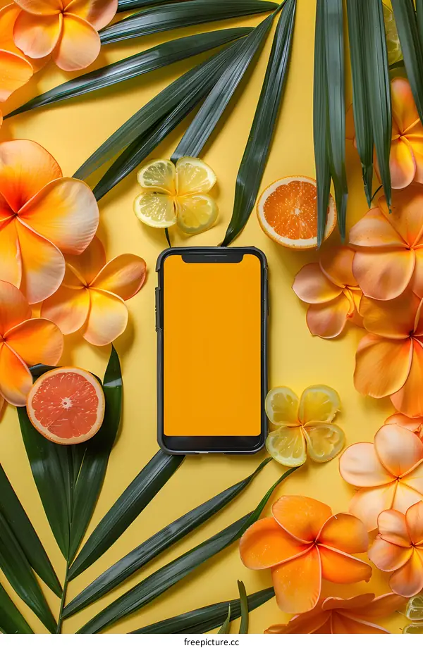 Summer Tropical Phone Mockup with Palm Leaves and Flowers