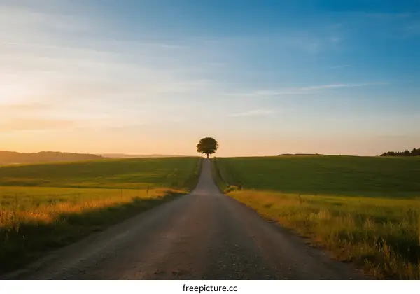 A lone tree standing at the end of a rural road under a clear sky